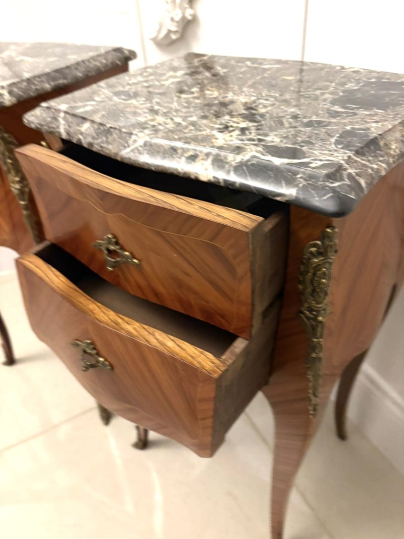 Antique Pair of Quality French Louis XV Style Marble-Top Bedside Cabinets